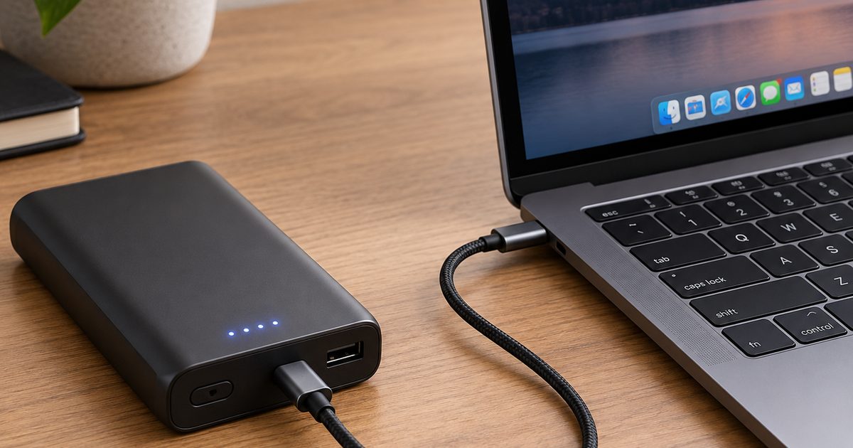 A black power bank on a desk charging an open laptop by USB-C cable